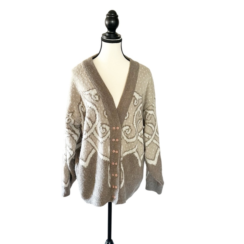 Vintage 80’s Oversized Brown and Cream Cardigan Sweater Unique Double Button